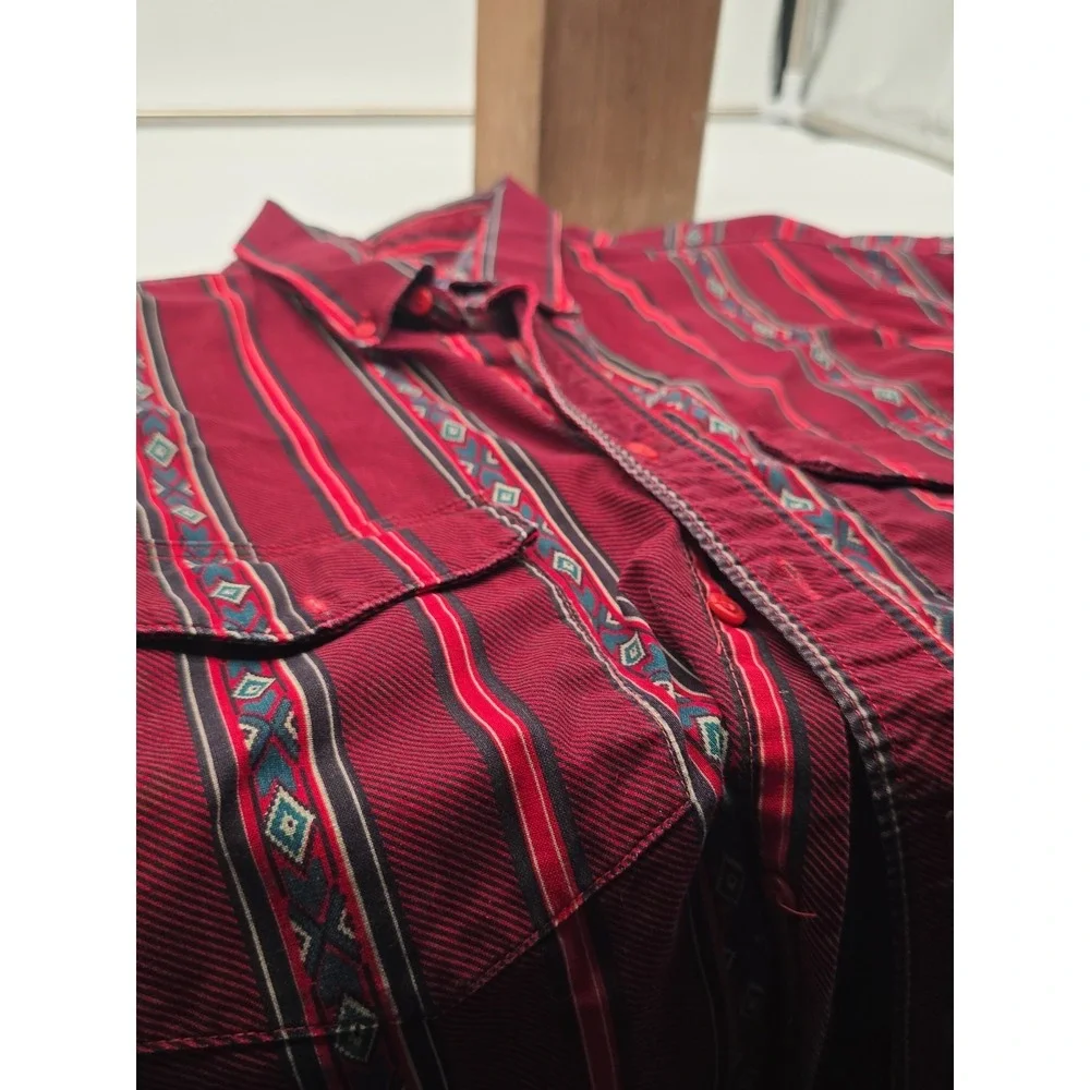 VTG Wrangler Shirt Mens XL Red Aztec Tribal X Long Tail Western Cowboy 17 1/2 35